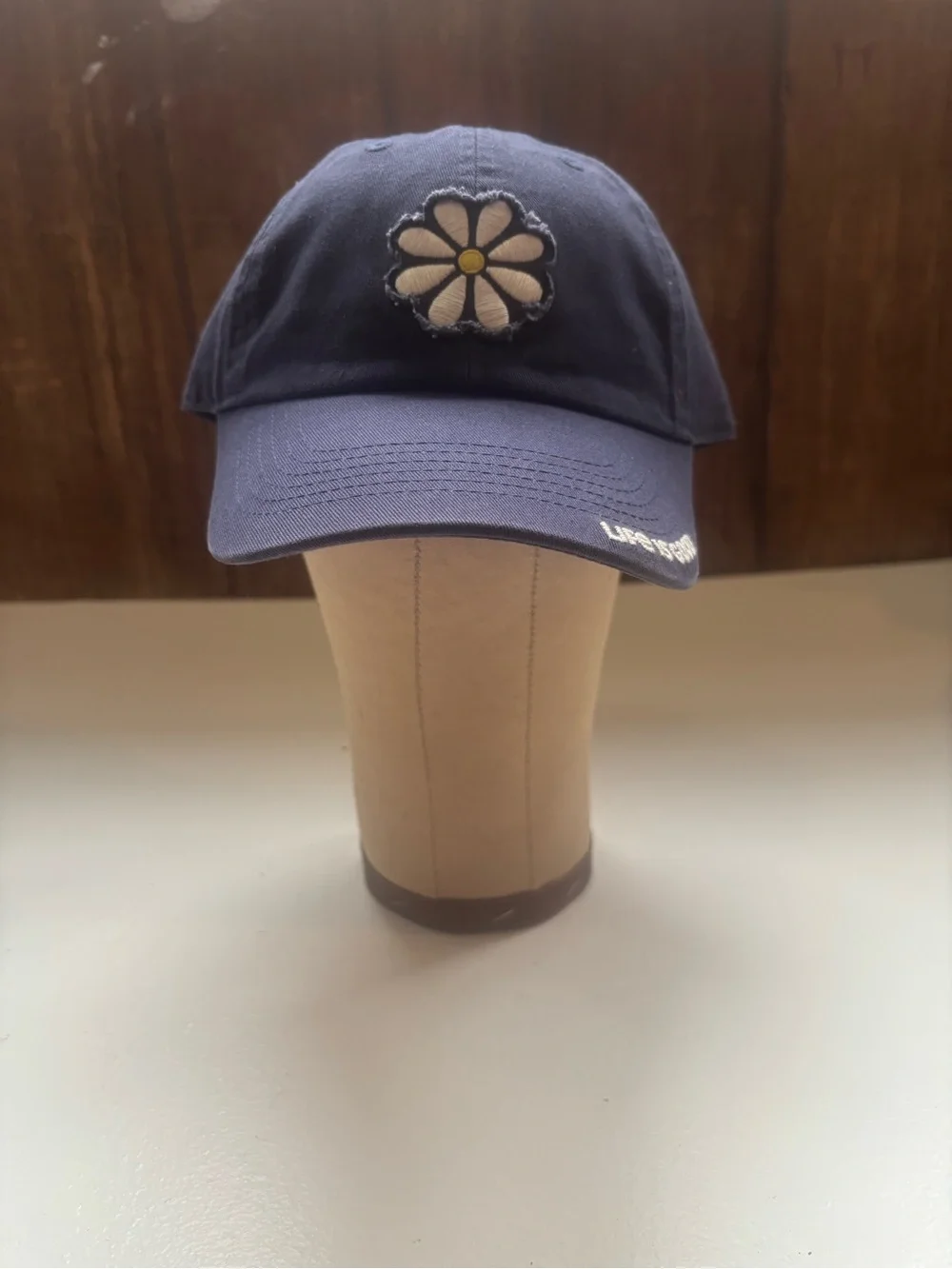 LIFE IS GOOD OS Navy White Yellow Embroidered Daisy Tattered Chill Cotton Cap